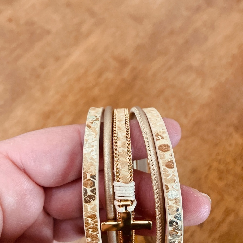 Bohemian Gold Tone Multi-Layer Bracelet Magnetic Clasp Cross Charm Religious - Picture 10 of 12